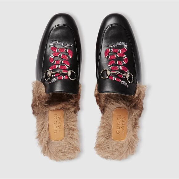 GUCCI Princetown Snake Fur Lined Mules Slides Black Leather Horsebit Sz 11 $995 - Picture 1 of 12